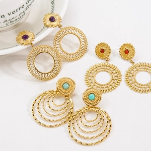 Bohemian gold titanium steel drop earrings with colorful natural stones on white surface