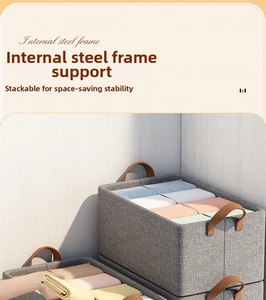 Detail of gray storage box featuring internal steel frame support and leather handles