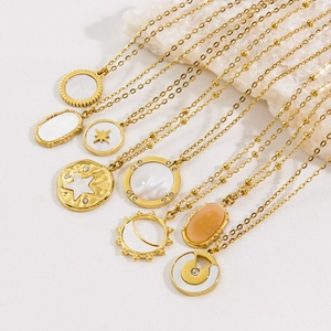 Luxury 18K gold plated stainless steel necklaces with white shell and celestial pendants