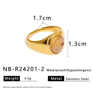Detail showing dimensions and 4.3g weight of gold stainless steel ring with stone inlay