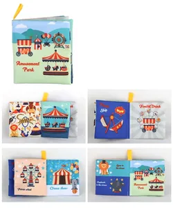 Detailed view of 8-page amusement park baby cloth book showing circus and carousel scenes