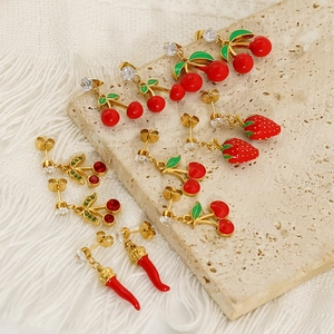 Vibrant enamel fruit earrings collection with cherry strawberry and chili pepper studs