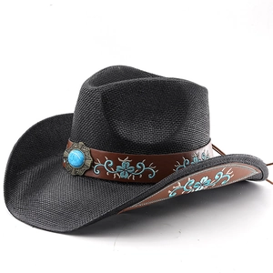 Black woven cowboy hat with embroidered leather band and turquoise stone accent