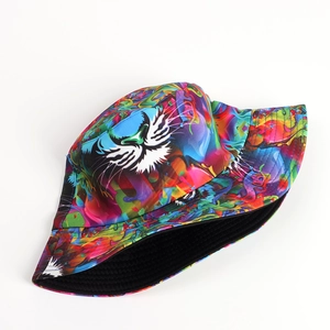 Detail of colorful tiger eyes print and stitching on double-sided bucket hat