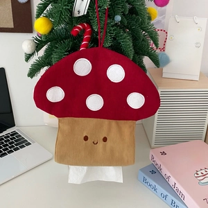 Cute mushroom-shaped corduroy tissue box cover with a smiling face in red and white