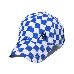 Blue and white checkerboard baseball cap with black embroidered logo for street style