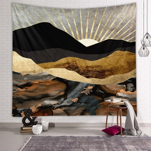 Detailed view of mountain tapestry texture on a white brick wall in a cozy living room