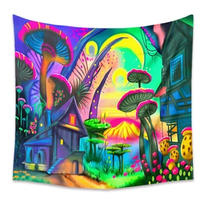 Detail of psychedelic forest tapestry showing vibrant mushrooms and a purple cottage