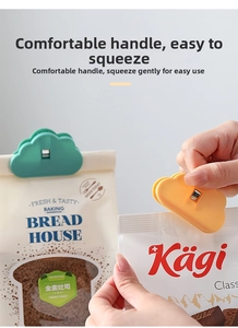 Cloud-shaped food clips sealing bread and snack bags for moisture protection