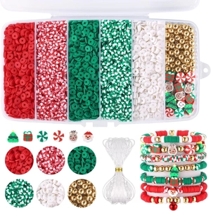 DIY Christmas bead kit with colorful clay discs, holiday charms, and finished bracelets