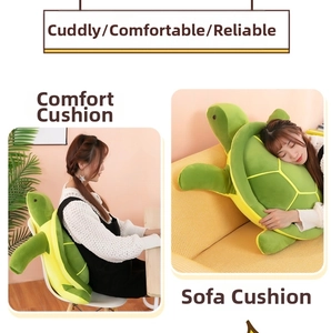 Plush turtle pillow used as a supportive backrest on a chair and for cozy sofa napping