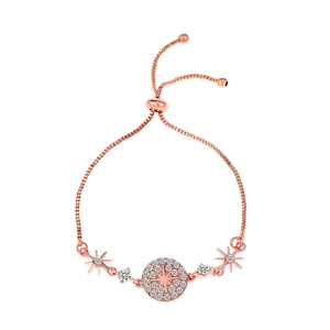 Adjustable rose gold star bracelet with pave zircon geometric charm on white background
