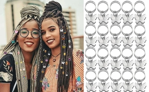 Detailed view of silver butterfly dreadlock hair rings and accessories for DIY hair styling