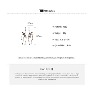 Detailed size specifications for alloy skull tassel earrings with silver needle info
