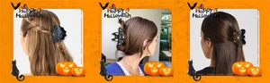 Three-panel view of spider web, bat and butterfly hair claws for Halloween hairstyles