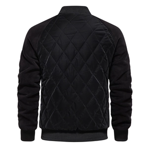 Detail view of men's black jacket featuring diamond quilted pattern and fleece raglan sleeves