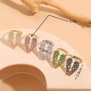 Luxurious feather open rings with colorful zircon in 14K gold plated finish