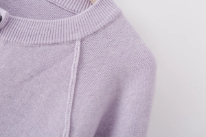 Detailed close-up of light purple knit top showing crewneck and raglan sleeve seams