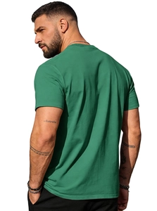 Rear view of man wearing a forest green cotton T-shirt with round neck and casual fit