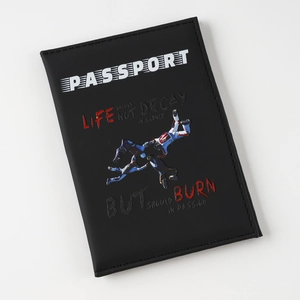Black PU leather passport cover with UV printed inspirational text on white background