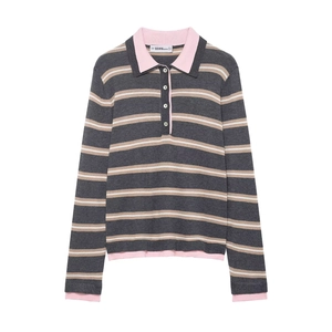 Women Striped Knit Polo Sweater Long Sleeve Patchwork Contrast Trim Lapel Neck Button Pullover Casual Top