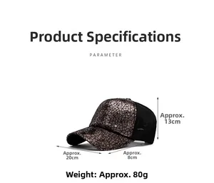 Detailed size parameters of bronze sequin baseball cap with dimensions and weight