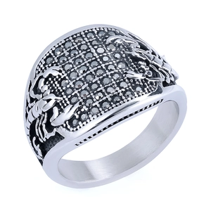 Vintage stainless steel ring for men featuring black pavé stones and scorpion relief