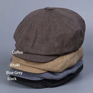 Retro newsboy caps for men in coffee, khaki, blue-gray, and black twill fabric textures