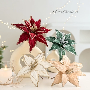 Artificial Poinsettia Flowers Christmas Tree Decorations Flannel Glitter Large Holiday Floral Home Party Ornaments