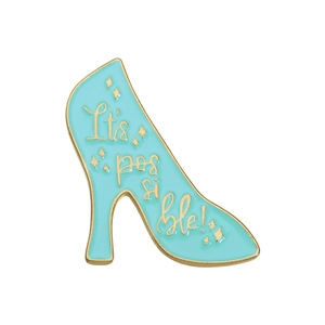 Tiffany blue high heel enamel brooch with gold It's Possible lettering and stars