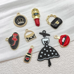 8-piece set of fashion alloy charms including crown and lipstick for DIY jewelry making