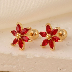 Elegante vergoldete rote Blumenohrringe mit Marquise-Schliff und Schraubverschluss
