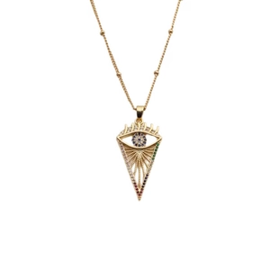 Golden necklace featuring a triangular evil eye pendant set with colorful zircons