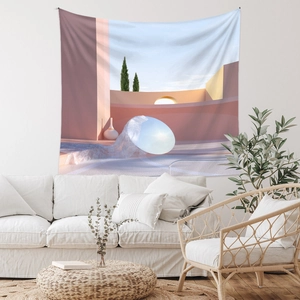 Moderner böhmischer Wandteppich mit surrealer Architektur über einem weißen Designersofa