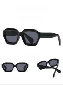 Bright black geometric polygon sunglasses with dark lenses shown in multiple angles
