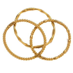 Three-piece golden titanium steel bamboo and beaded bangles set for women