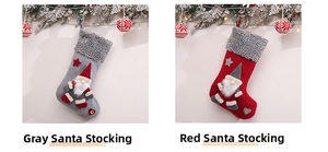Detail of grey and red knitted Christmas stockings with gnome plush and star ornaments