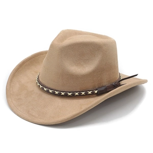 Classic wide brim suede cowboy hat in khaki with braided leather decorative band