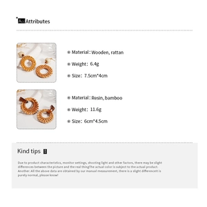 Detailed size and material specs for handmade resin bamboo and rattan earrings