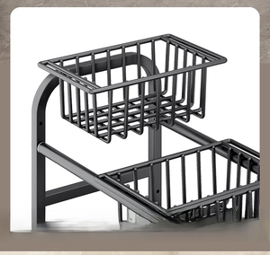 Detail view of removable metal wire baskets on a black expandable under-sink rack