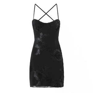 Sexy black backless mini dress with 3D floral embroidery and cross strap details