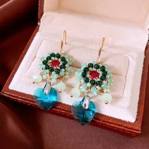Orecchini Etnici Vintage Con Fiori In Perline E Cuore Di Vetro Blu Con Perno In Argento Sterling 925 Per Donna