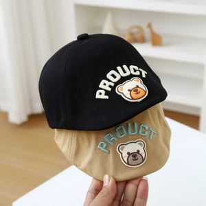 Toddler Beret Hat Cotton Blend Breathable Sun Protection Solid Color Bear Embroidery Newsboy Flat Cap For Boys Girls