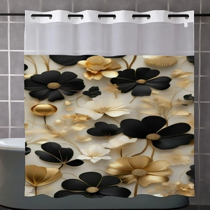 Detailed view of luxury waterproof floral shower curtain with gold and black patterns