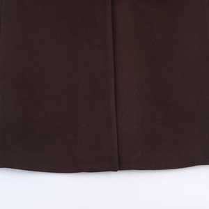 Long-sleeved dark brown wool coat with stand collar and detailed stitching on the hemline