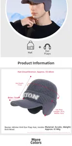 Detailed size guide for men's winter knit baseball cap with earflaps and dimensions