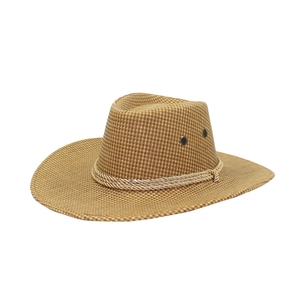 Western style straw cowboy hat with a wide brim and braided hemp rope trim detail