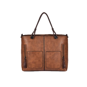 Brown vintage PU leather tote bag for women with dual front zipper pockets and top handles