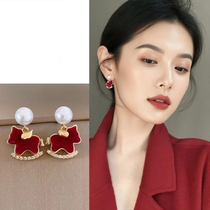 Rocking Horse Dangle Earrings Red Flocked Alloy With 925 Sterling Silver Earring Post Artificial Pearl Rhinestone Vintage Jewelry