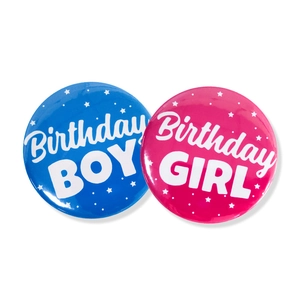 Blue and pink tinplate badges featuring Birthday Boy and Birthday Girl printed designs